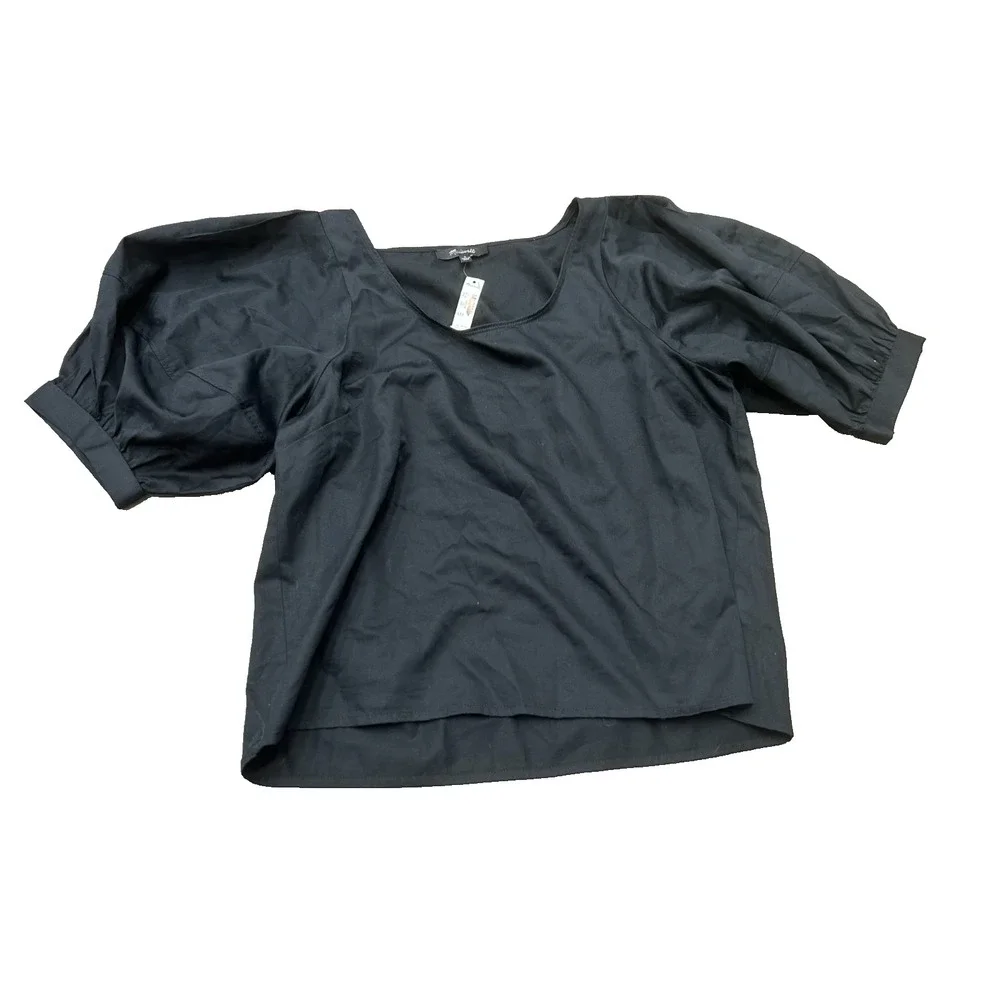 NWT Madewell Womens Black Relaxed Scoop Neck Puff-Sleeve Blouse Top Size‎ Small